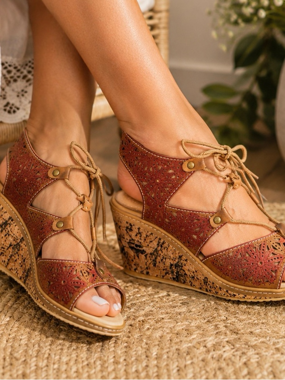 L’Artiste Spring Step Floral Cutout Lace Up Wedge Sandals Leather Size 40 Boho